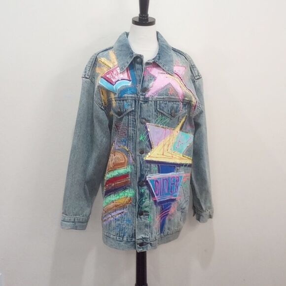 Vintage 80's Sportdeco Diner Acid Wash Hand Painted Embellished Denim Jacket - M - Picture 3 of 13